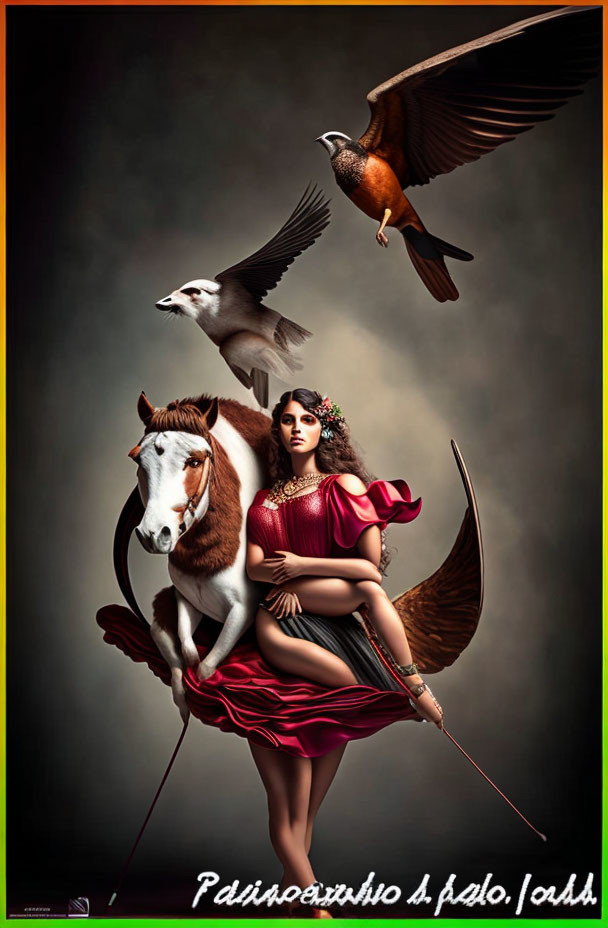 Woman in red dress on horse with bow and arrow, surrounded by flying birds
