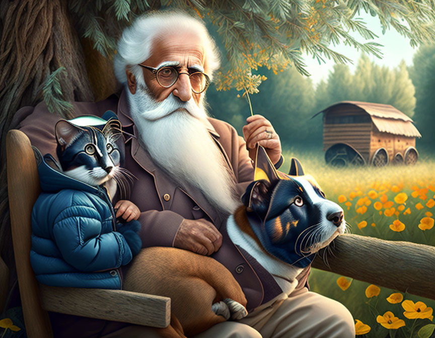 Elderly man with white beard, cat, and dog on bench by wooden cabin.