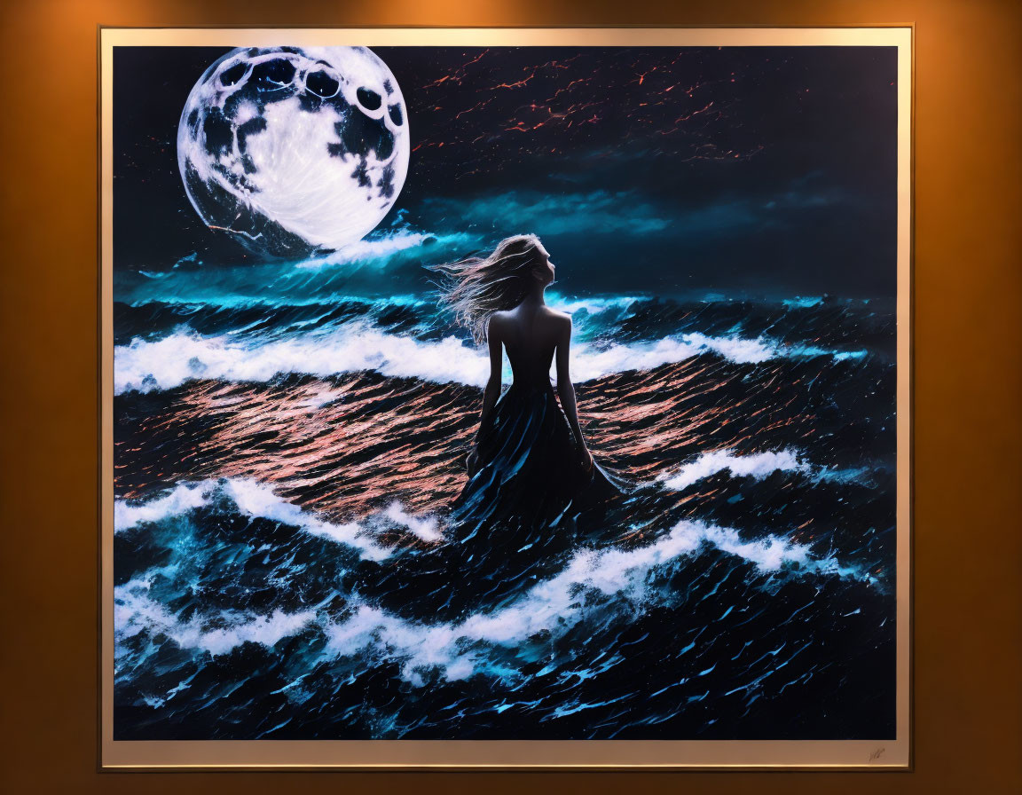 Woman in flowing dress amid turbulent ocean waves under dramatic night sky.