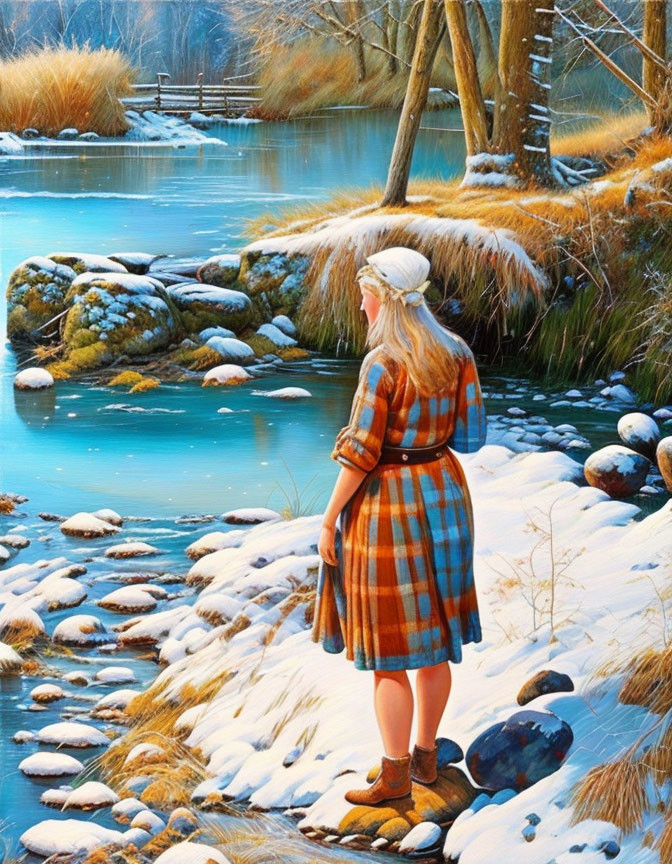 Woman in Plaid Dress and Boots by Snowy Riverbank