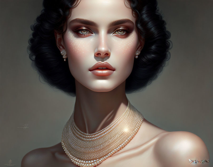 Digital portrait of woman with pearl jewelry, wavy hair, and freckles