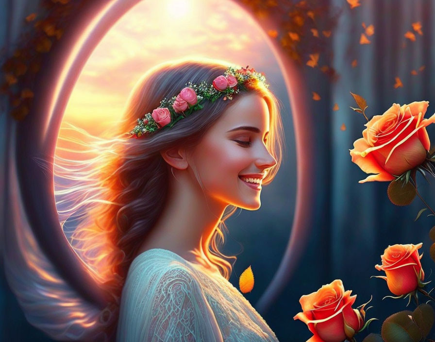Radiant woman with flower crown and glowing roses in warm light