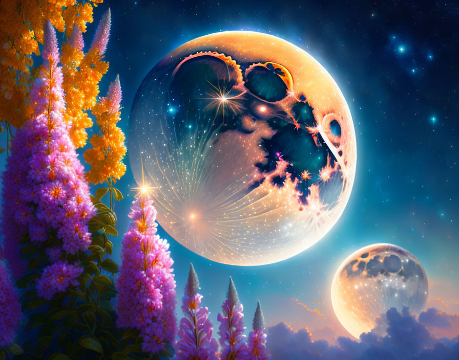 Detailed Moon and Glowing Celestial Bodies Over Vibrant Night Sky