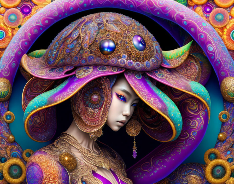 Colorful portrait of a woman with ornate octopus-like headdress