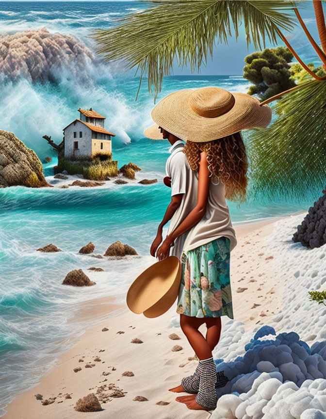Person in wide-brimmed hat admires seaside landscape with cliff house, blue waters, and green