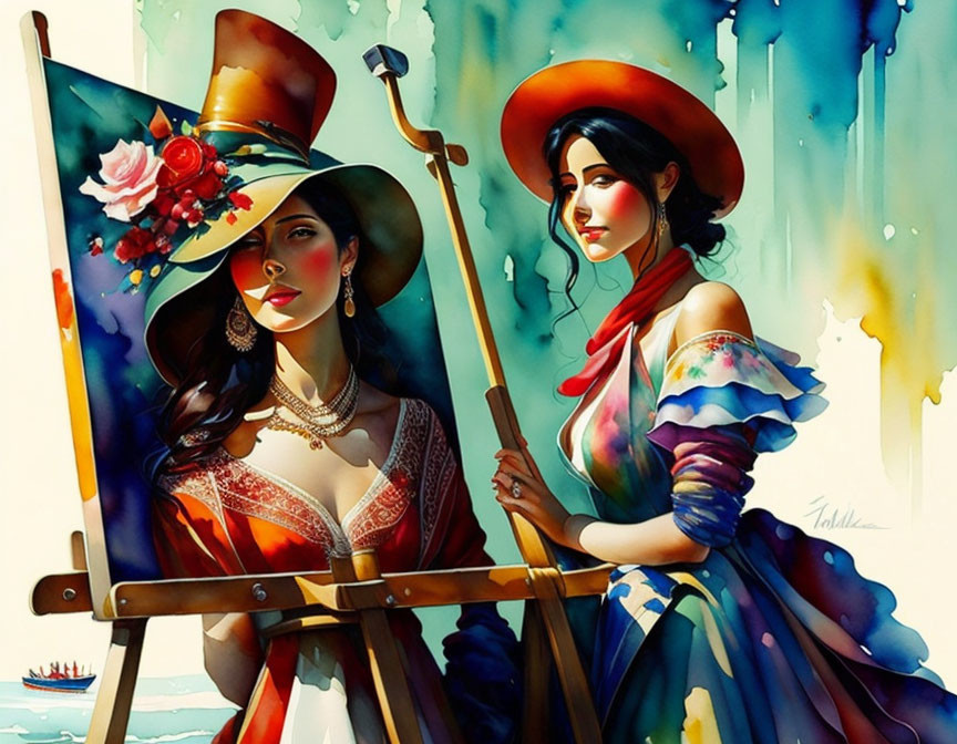 Colorful illustration: Woman painting on canvas in vibrant attire with wide-brimmed hat, melting seas