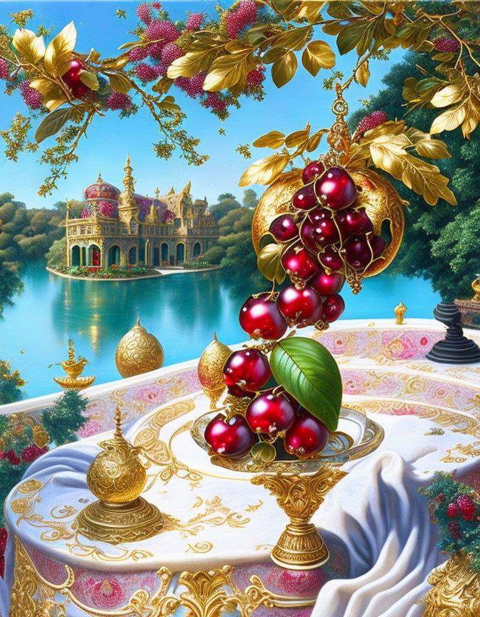 Golden Ornaments and Berries Adorned Table with Palace View