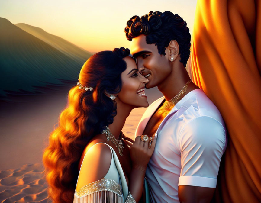 Romantic couple embracing in desert sunset illustration