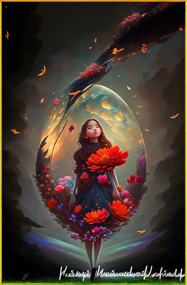 Girl in transparent bubble with red flowers in fantastical twilight.