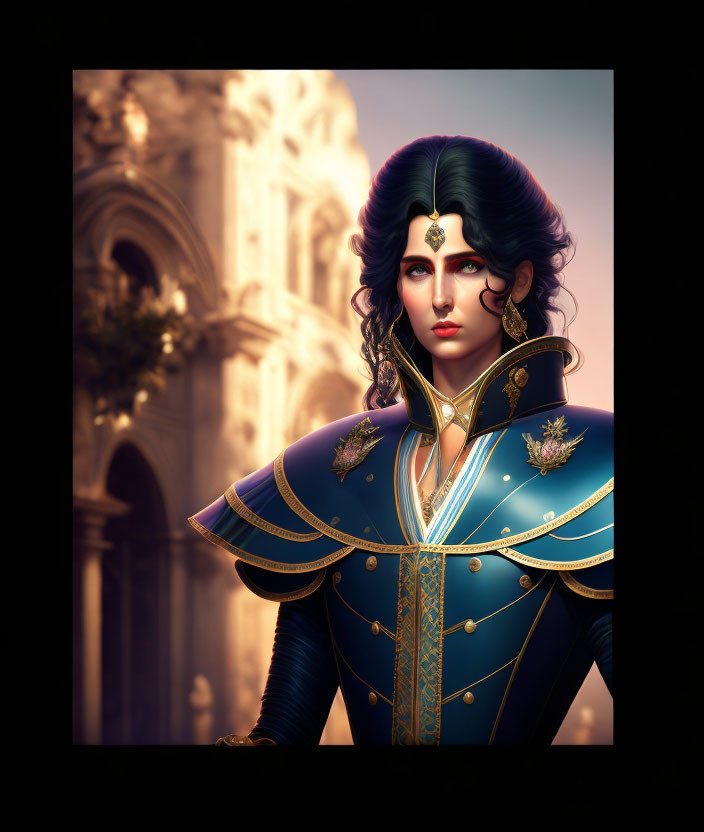 Regal Woman Digital Artwork with Blue and Gold Military Jacket