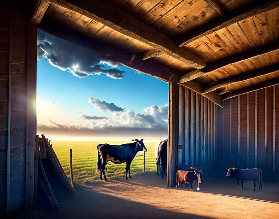 Cows in barn with open doors, sunlit field and blue sky