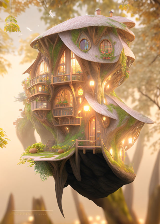 Whimsical multi-level treehouse in autumnal forest