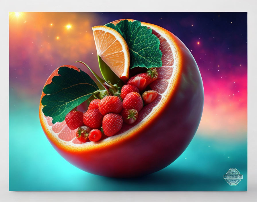 Colorful digital artwork: Halved apple with strawberries, mint, and orange slice on cosmic background