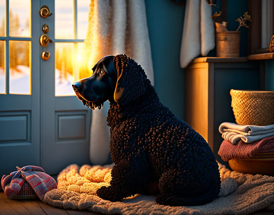 Black Dog Sitting on Rug by Door Watching Sunset and Warm Home Decor