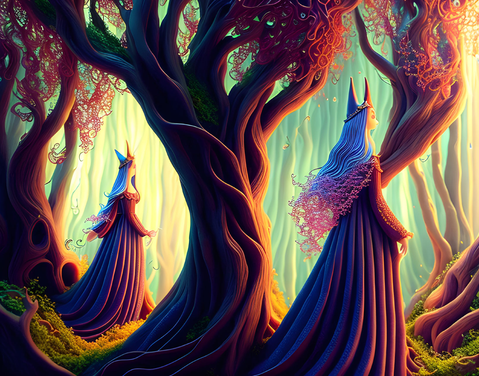 Fantasy illustration of two figures in elegant robes in magical forest