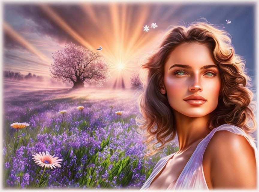 Woman's face blending with lavender field, sunset, tree, and butterflies
