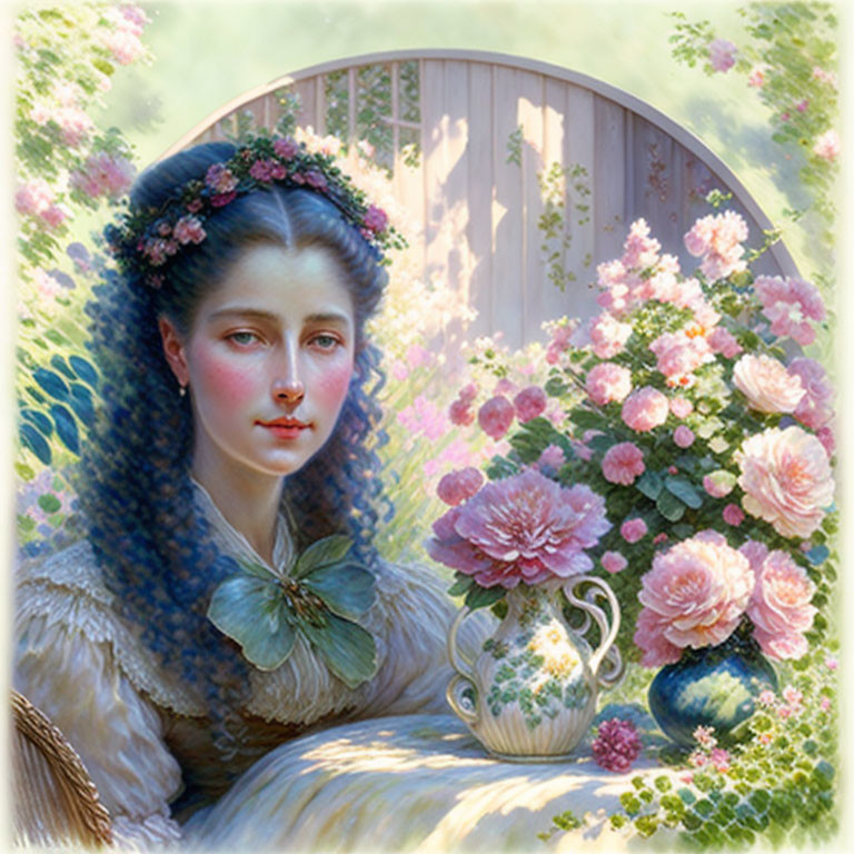 Victorian-style painting of young woman with flowers and roses in garden.