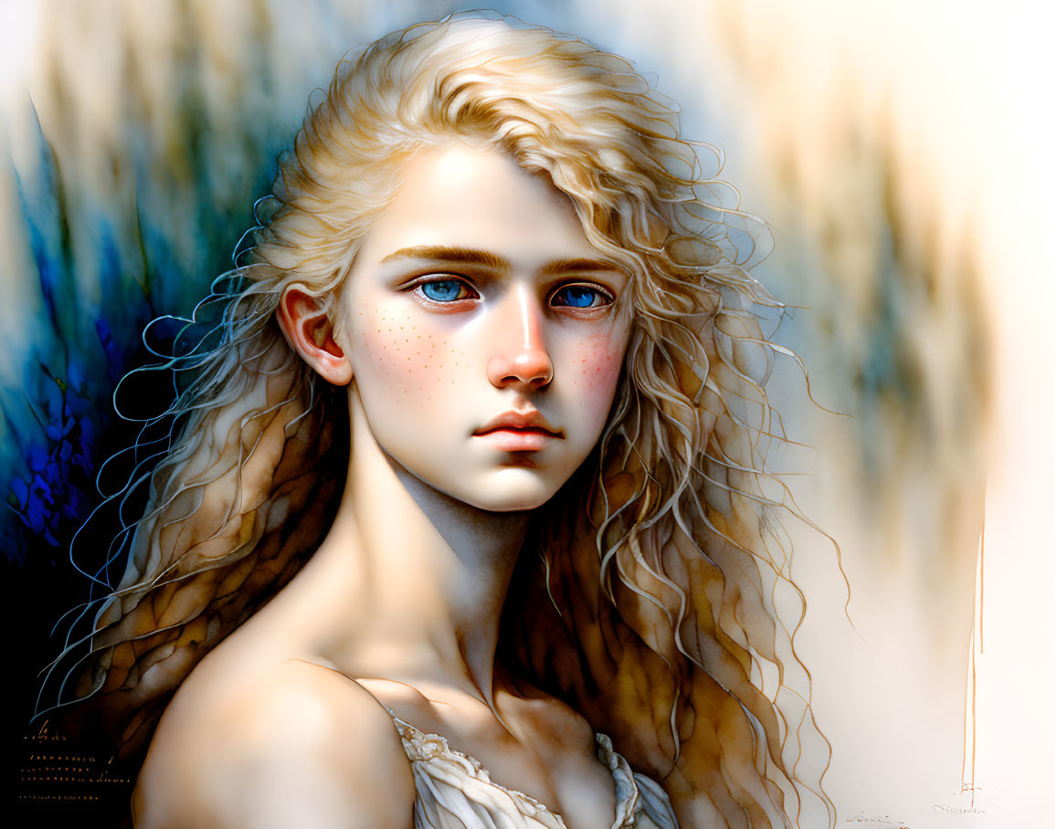 Blonde woman portrait with blue eyes and freckles