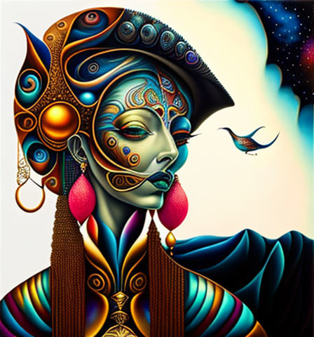 Vibrant psychedelic woman with intricate headdress on starry backdrop