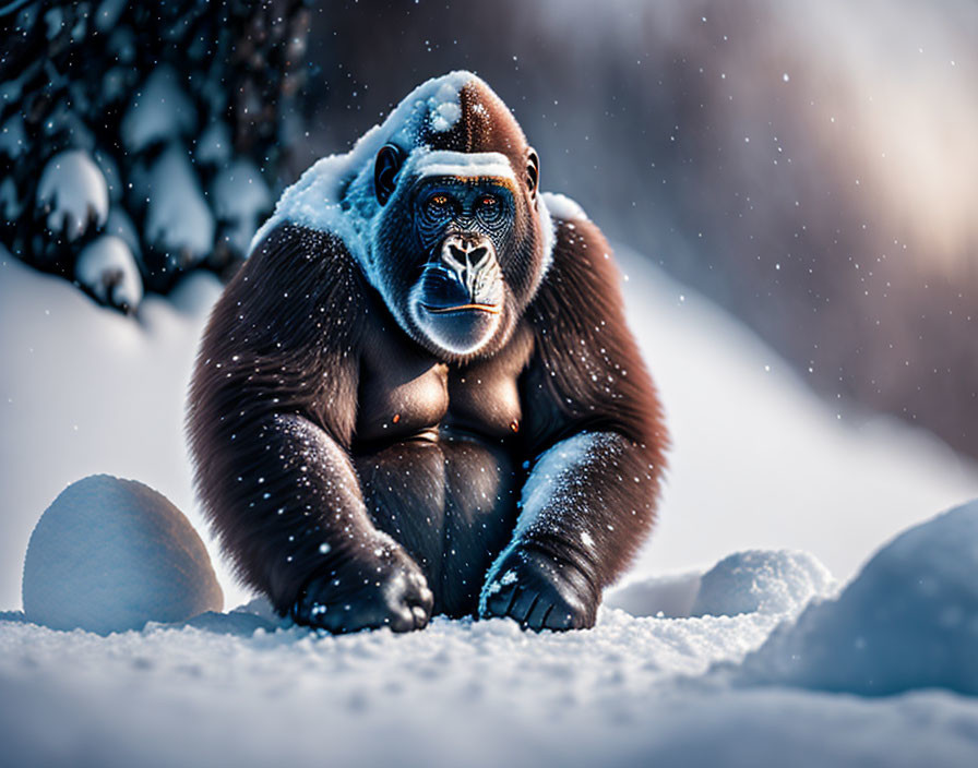 Gorilla sitting in snow with calm demeanor amid falling snowflakes