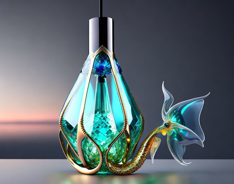 Blue and Green Crystal Pendant Light with Gold Accents and Sea Creature Design