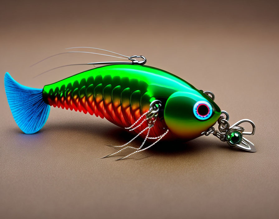 Colorful segmented fishing lure with green and orange body, large eye, treble hooks, and blue