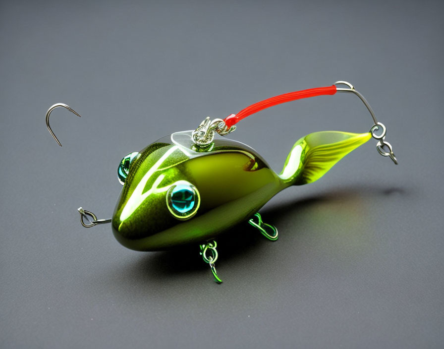 Green and Gold Fishing Lure with Treble Hooks and Red Antenna on Gray Background