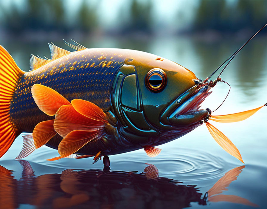 Colorful Digital Illustration: Large Fish with Orange Fins Caught on Fishing Line