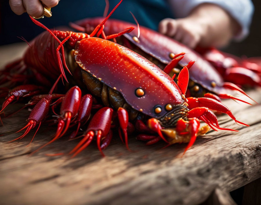 Fresh vibrant red lobster on wooden surface