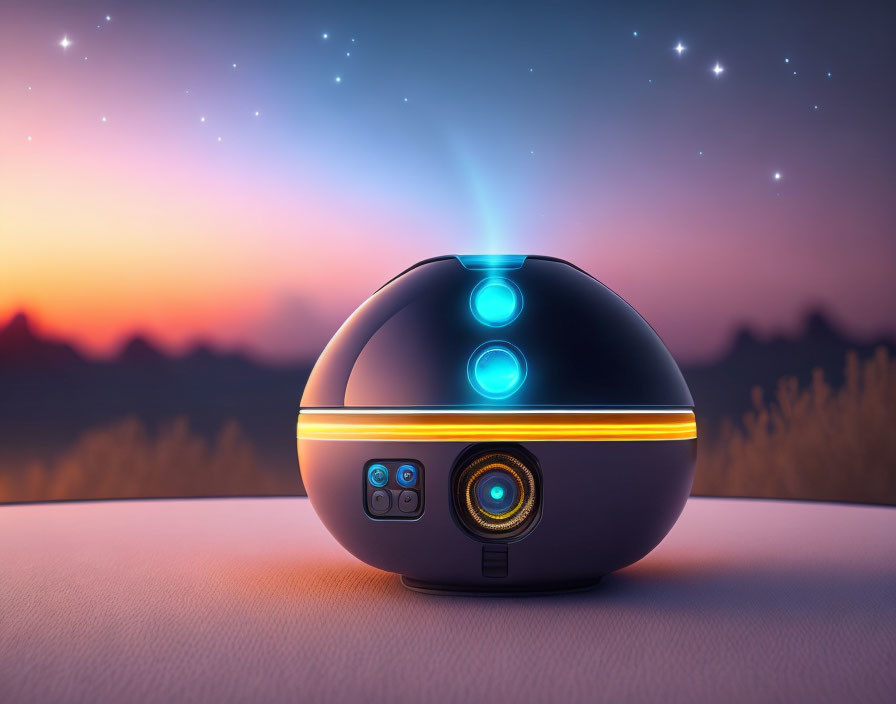 Futuristic spherical device with glowing blue lights and camera lens against twilight sky.