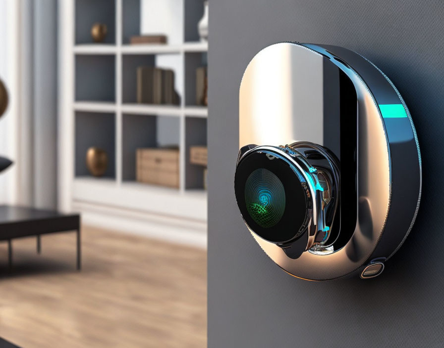 Futuristic wall-mounted spherical security camera in modern living room