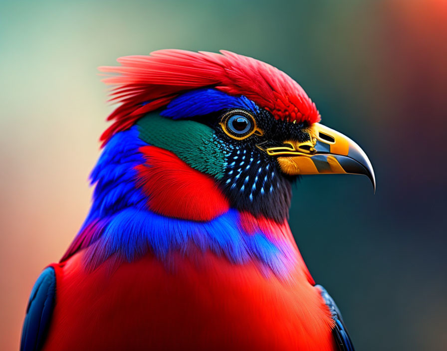 Colorful bird with red crest, blue feathers, and black eye pattern.