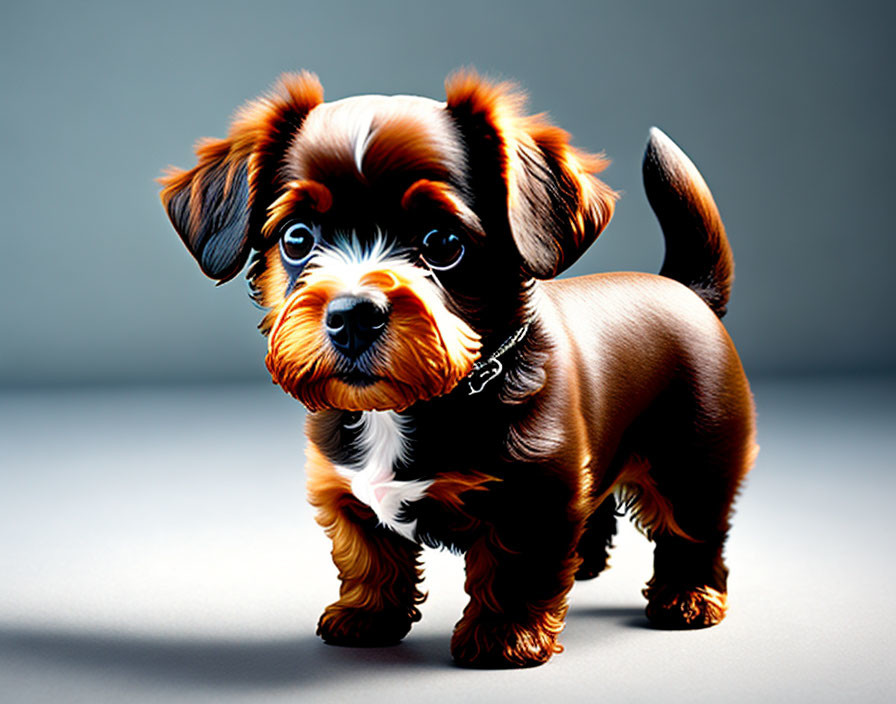 Stylized small brown and black puppy on grey background