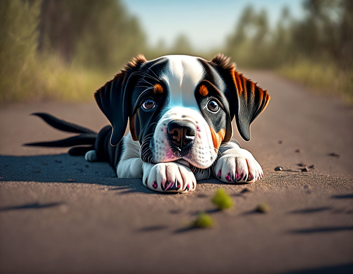 Tricolor dog with floppy ears lying on a path gazes at the camera