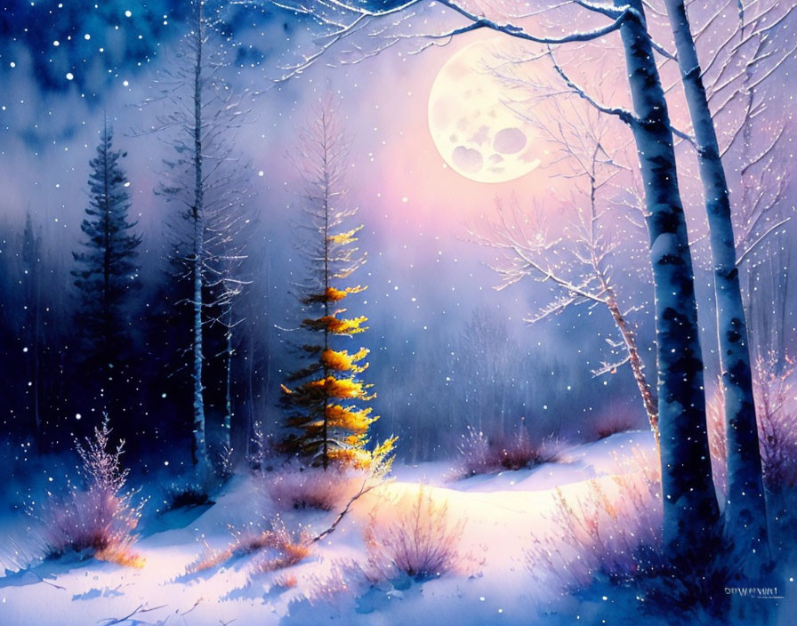 Snowy Twilight Scene: Full Moon, Golden Tree, Glistening Snowflakes