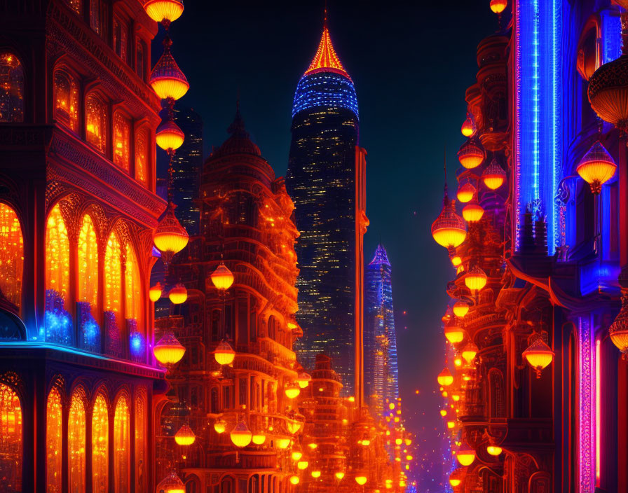 Vibrant futuristic cityscape: glowing buildings, neon lights, floating lanterns