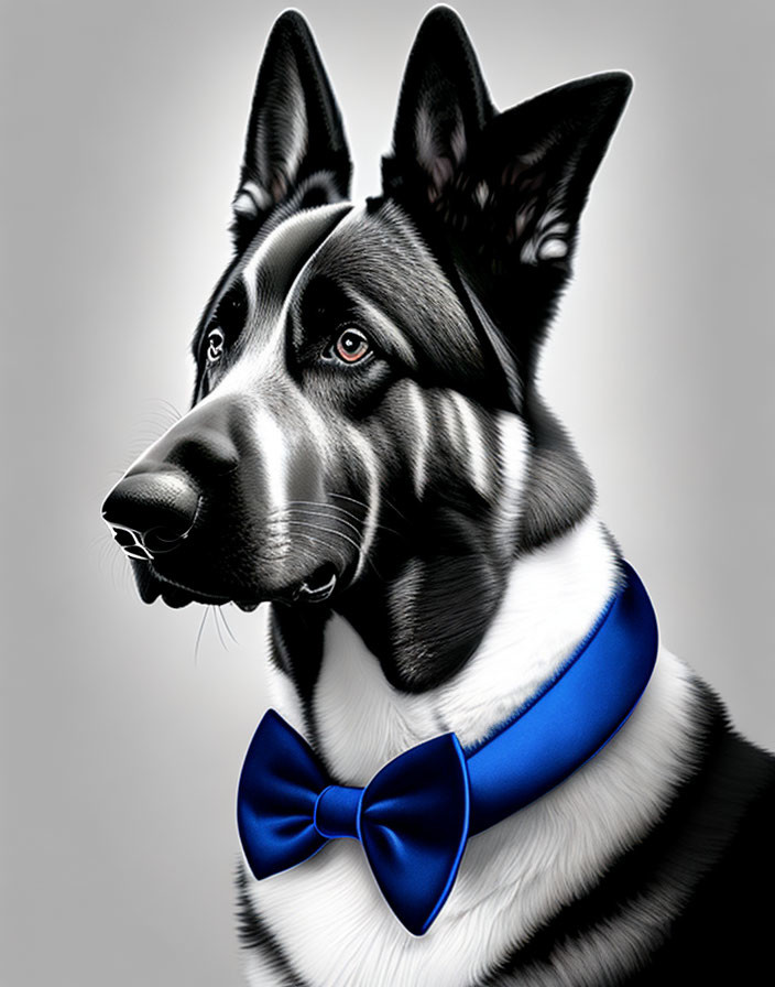 Realistic Black and White Dog Portrait with Blue Bow Tie on Grey Background