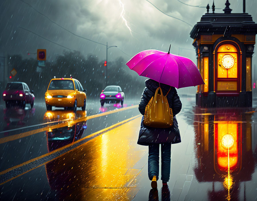 Person with yellow bag and purple umbrella walking on wet night street with city lights reflecting, cars, and