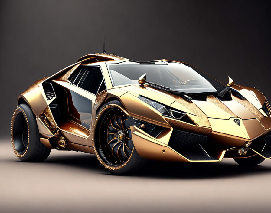 Luxurious Gold and Black Lamborghini with Angular Design and Sporty Alloy Wheels