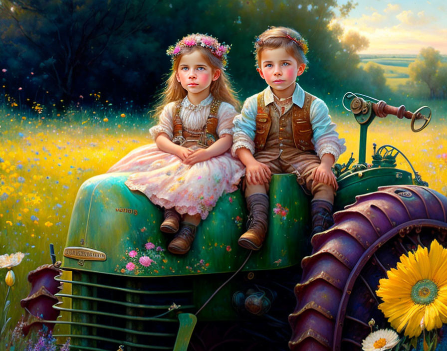 Children on old green tractor in vibrant flower field with serene landscape