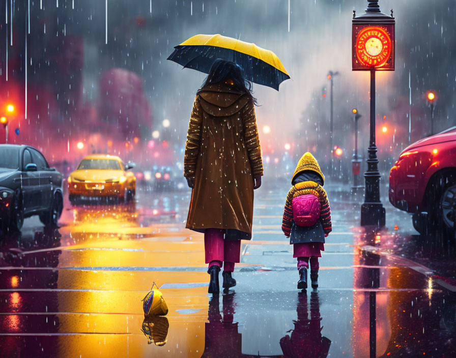 Adult and child in raincoats under umbrella on rainy city street with clock tower.