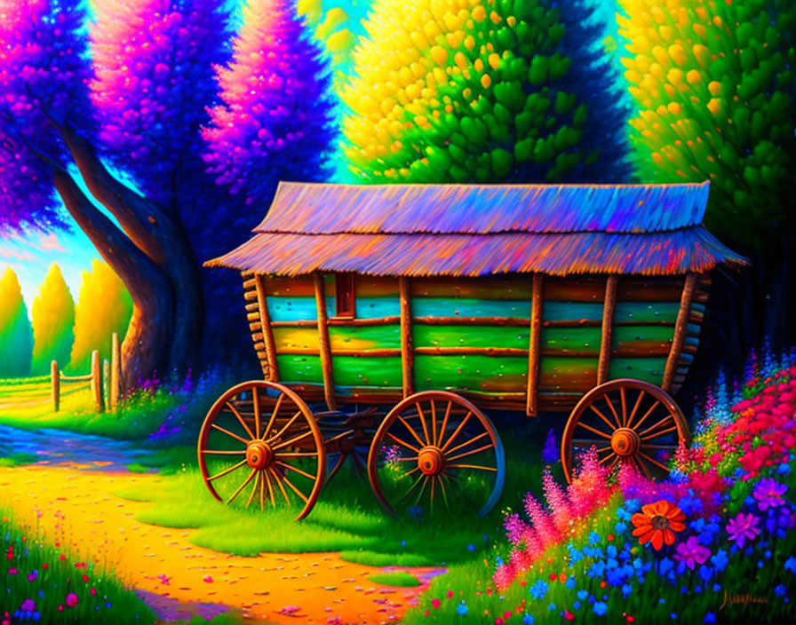 Colorful painting of old wooden cart in whimsical forest