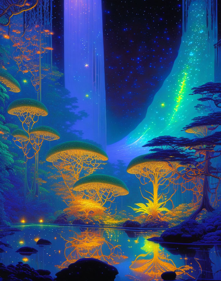 Fantasy forest with luminescent trees, waterfall, and starry sky.