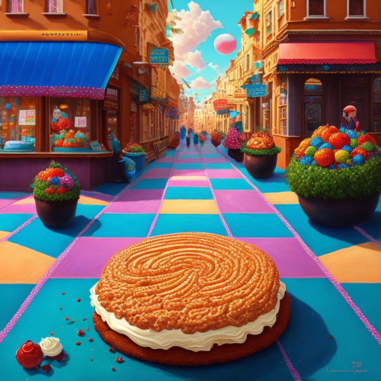 Whimsical painting of vibrant street with giant cookie and checkerboard pavement