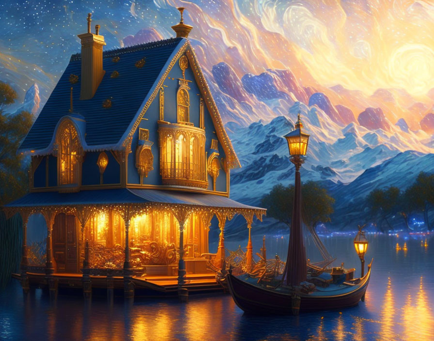 Cozy lakeside house with warm lights, boat, and mountains at night