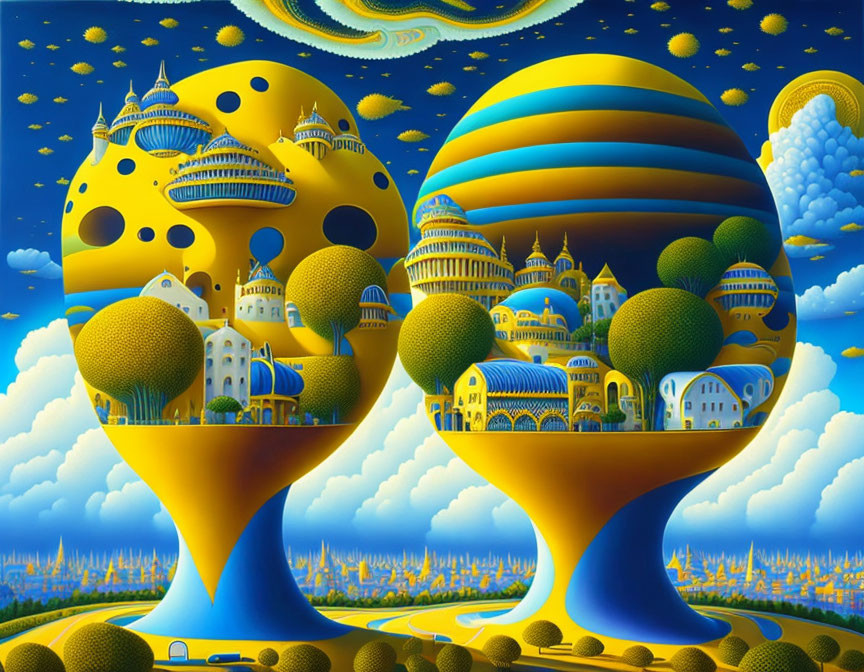 Surrealist landscape with yellow cities on blue tree-like structures