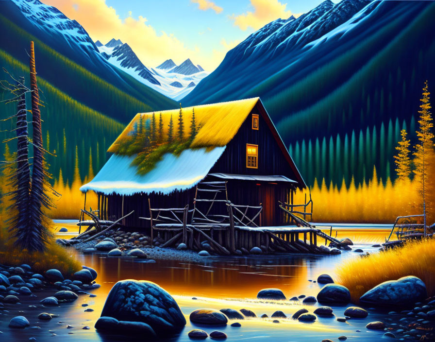 Tranquil landscape with rustic cabin by calm lake, mountains, and golden trees at twilight