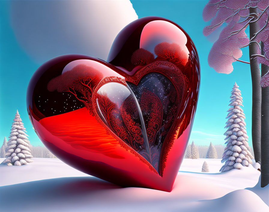 Red Heart Design on Snowy Landscape with Trees