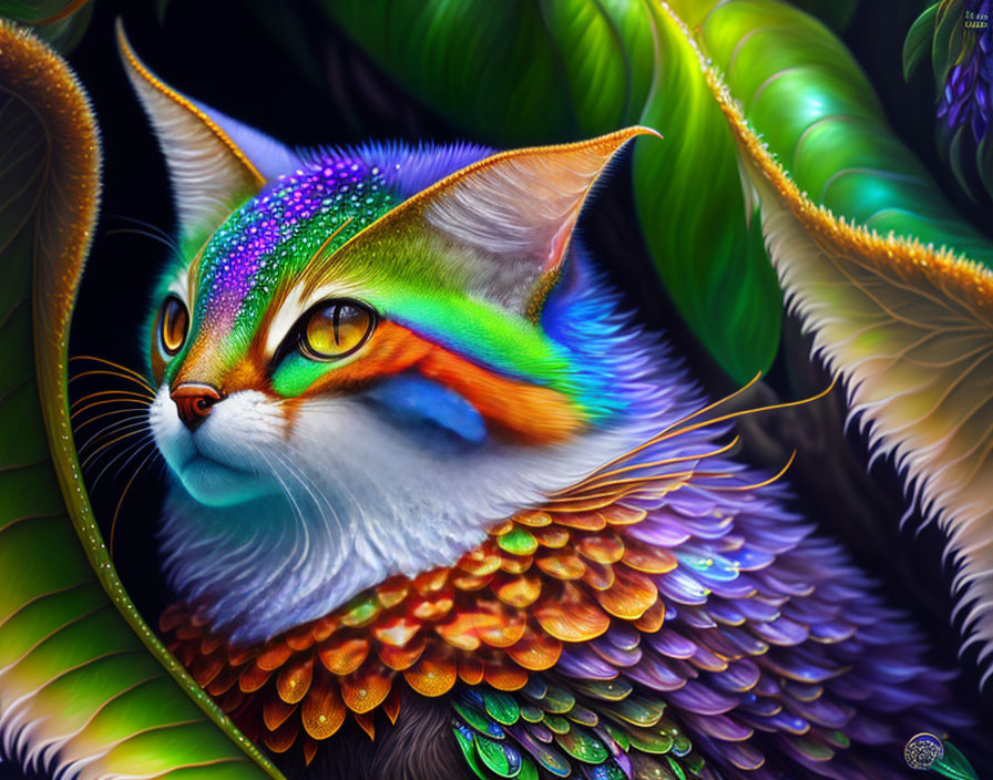 Colorful Digital Art of Cat with Multicolored Fur and Feathers