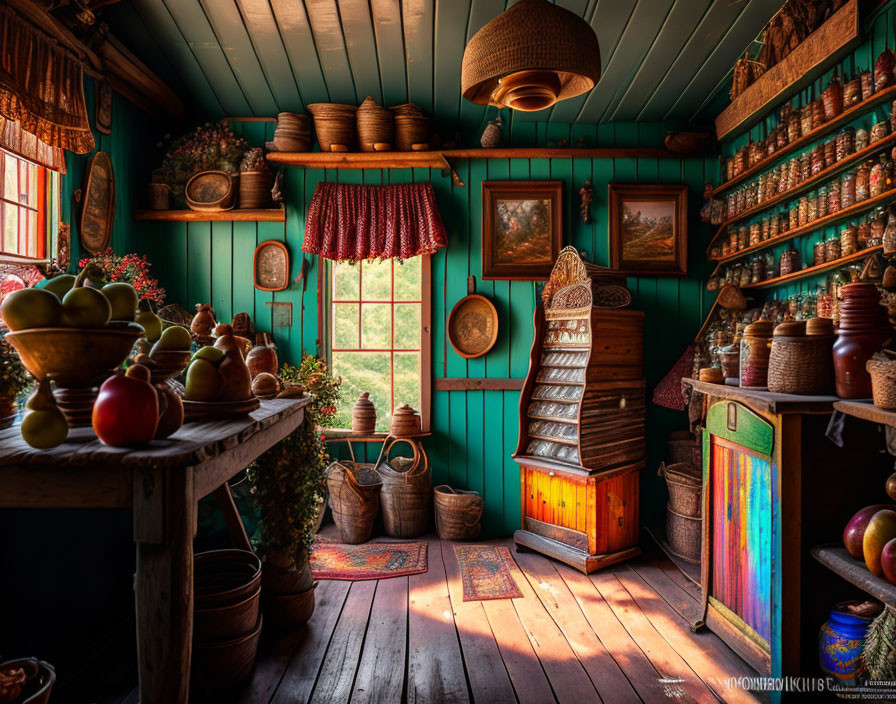 Vintage Kitchen with Warm Wooden Tones and Green Walls